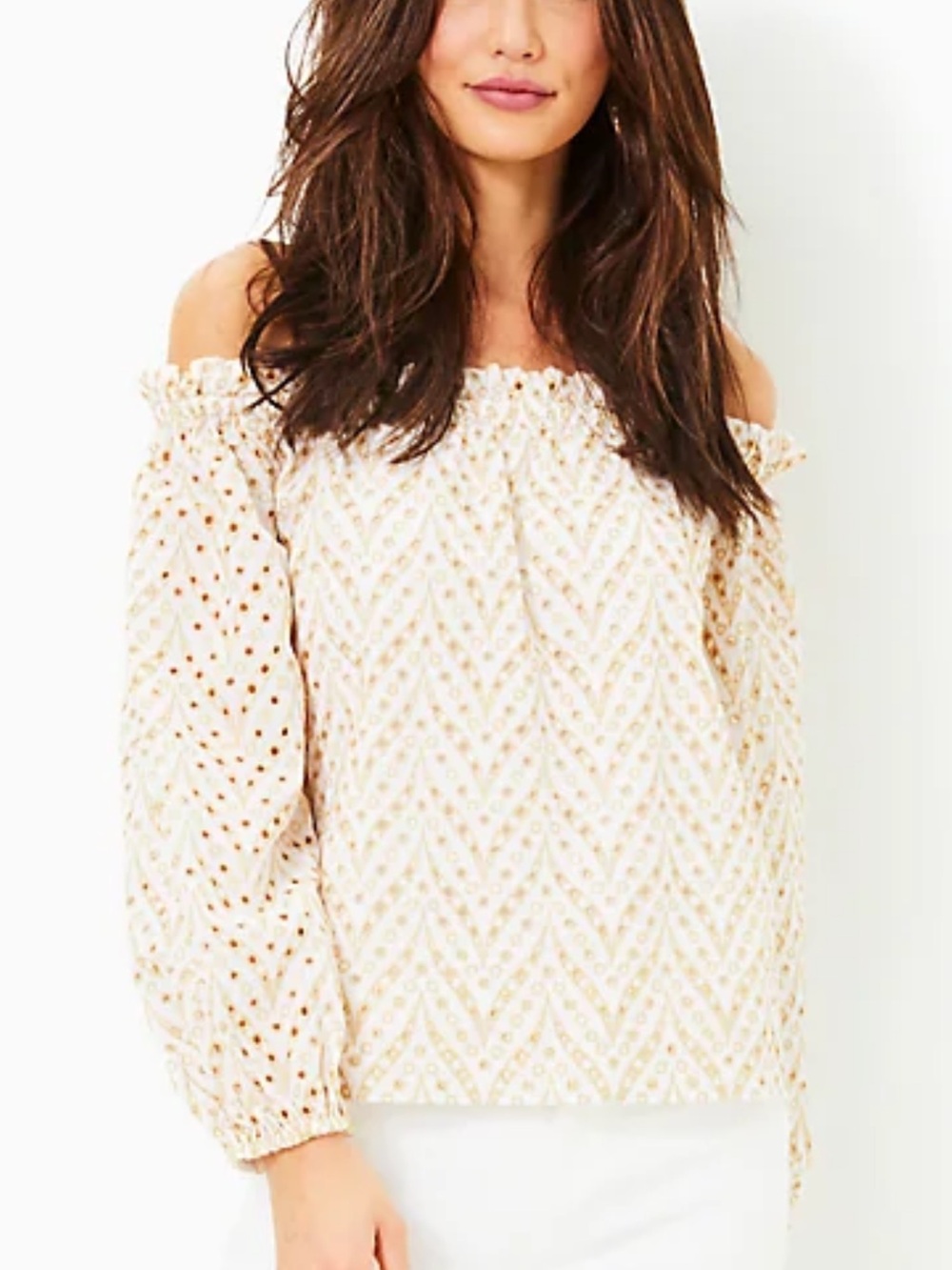 Lilly Pulitzer Aimed Cream and Gold Off-Shoulder Eyelet Blouse